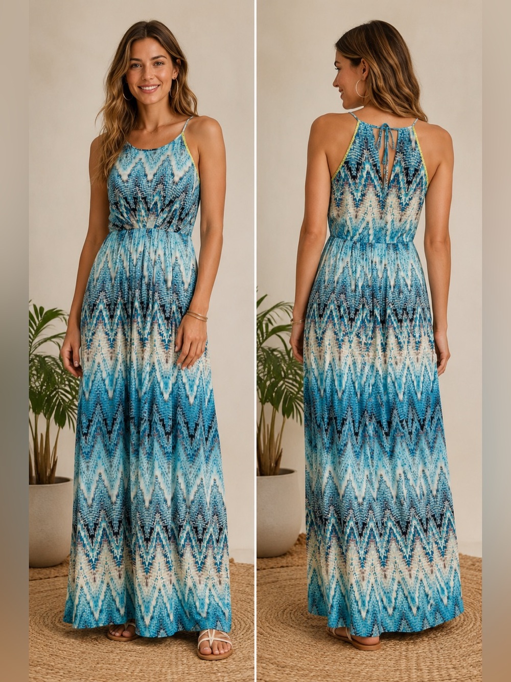 Kenji Blue Chevron Halter Maxi Dress – Size 4